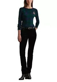 Petite Black Watch Plaid Beaded-Crest Sweater