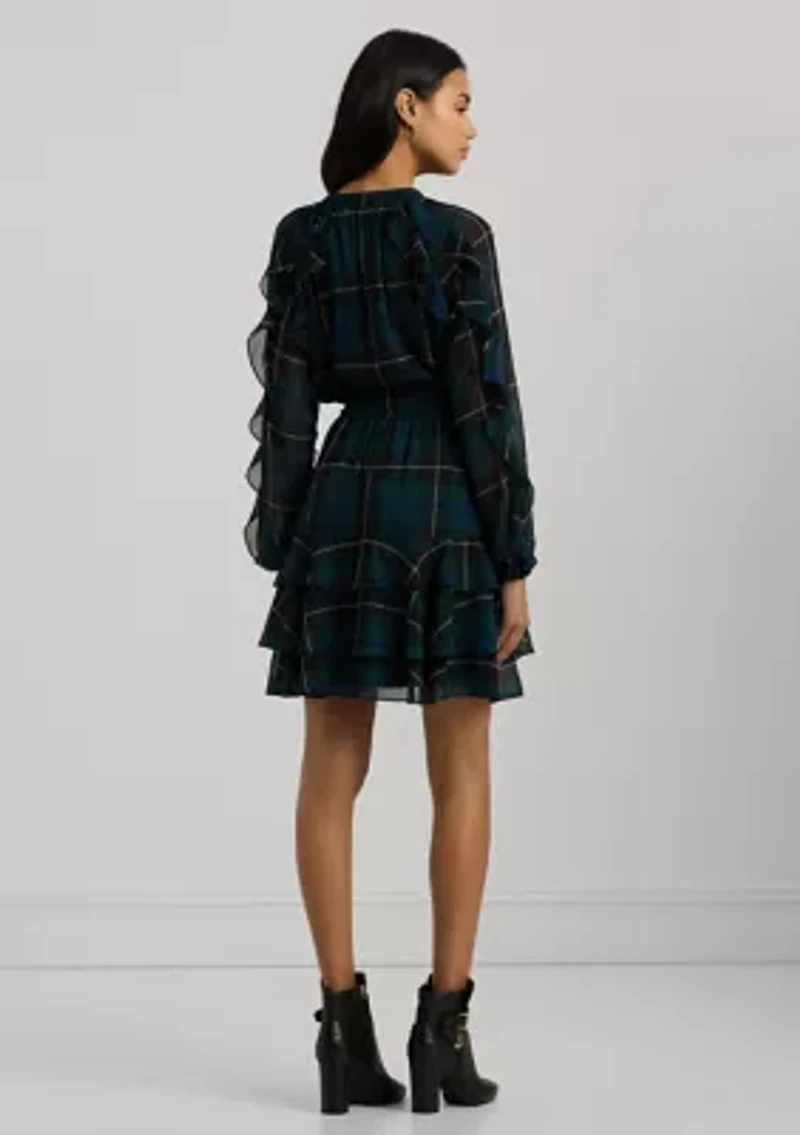 Petite Plaid Ruffle Trim Georgette Tiered Dress
