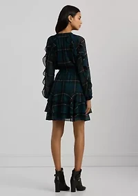 Petite Plaid Ruffle Trim Georgette Tiered Dress