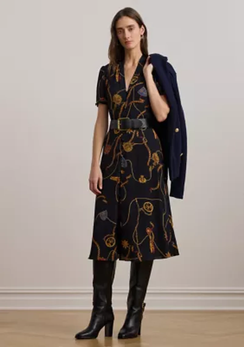 Petite Print Belted Georgette Puff-Sleeve Dress