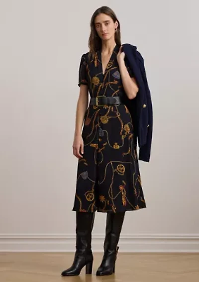 Petite Print Belted Georgette Puff-Sleeve Dress