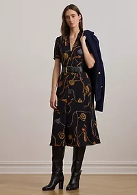 Petite Print Belted Georgette Puff-Sleeve Dress