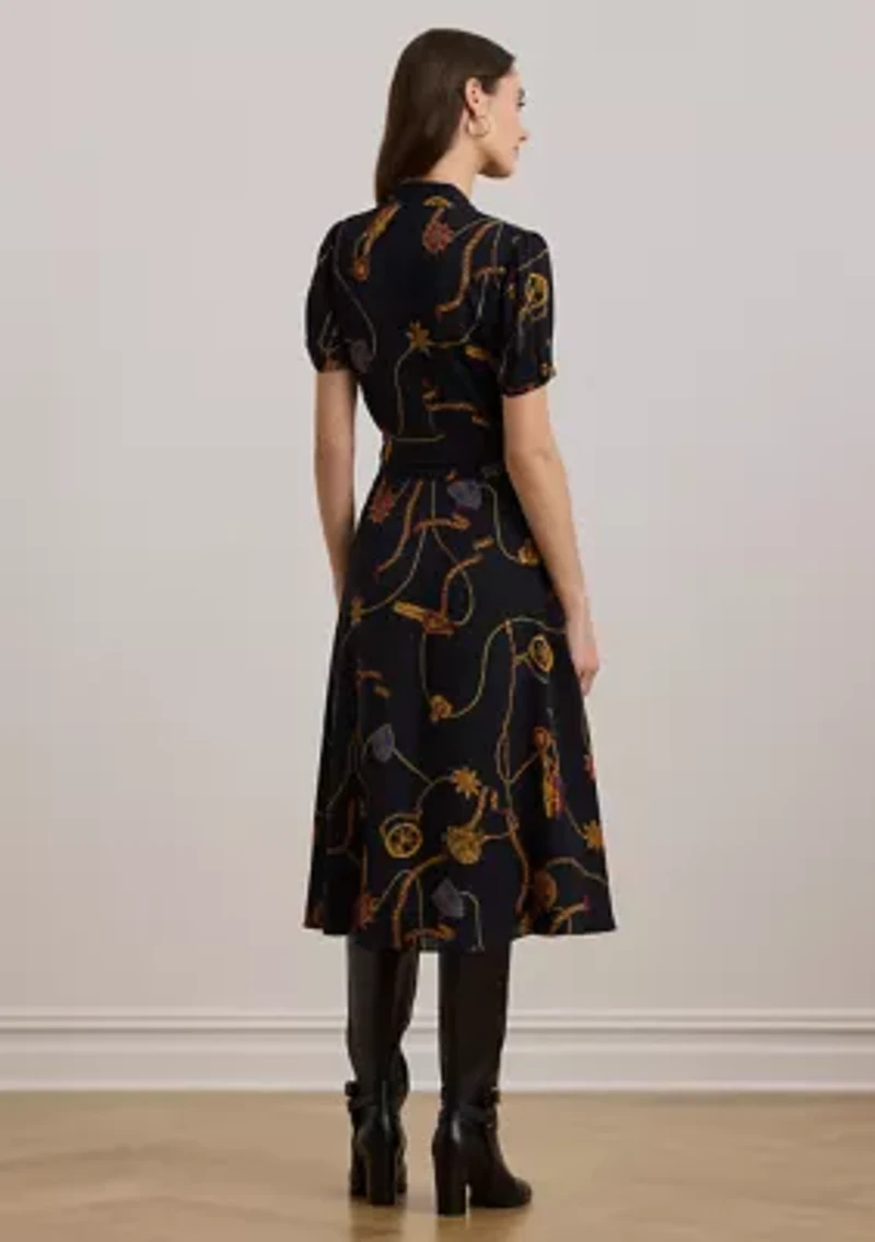 Petite Print Belted Georgette Puff-Sleeve Dress