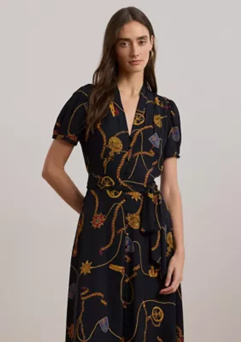 Petite Print Belted Georgette Puff-Sleeve Dress
