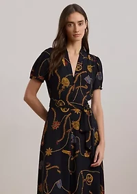 Petite Print Belted Georgette Puff-Sleeve Dress