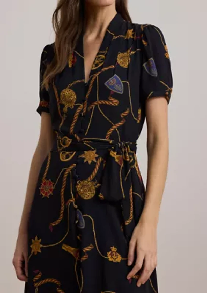 Petite Print Belted Georgette Puff-Sleeve Dress