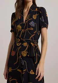Petite Print Belted Georgette Puff-Sleeve Dress