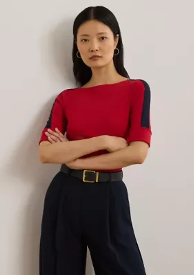 Petite Two-Tone Stretch Cotton Elbow-Sleeve T-Shirt