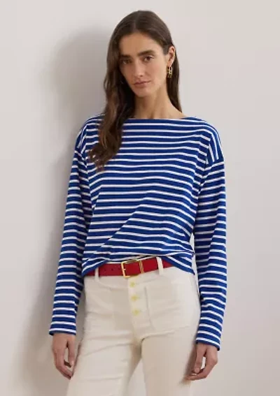 Petite Striped Cotton Jersey Boat. Neck Top