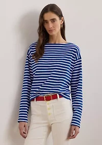Petite Striped Cotton Jersey Boat. Neck Top