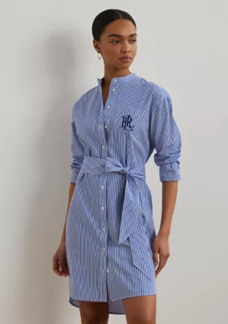 Petites Striped Belted Broadcloth Shirtdress