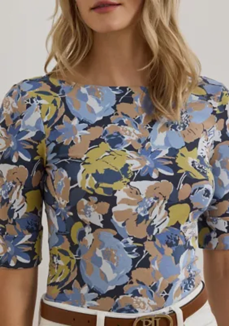 Petite Floral Stretch Cotton Boat Neck T-Shirt
