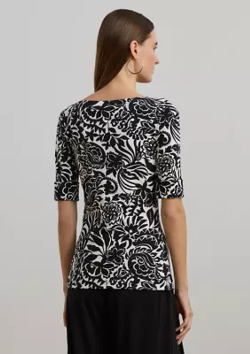 Petite Floral Stretch Cotton Boat Neck T-Shirt