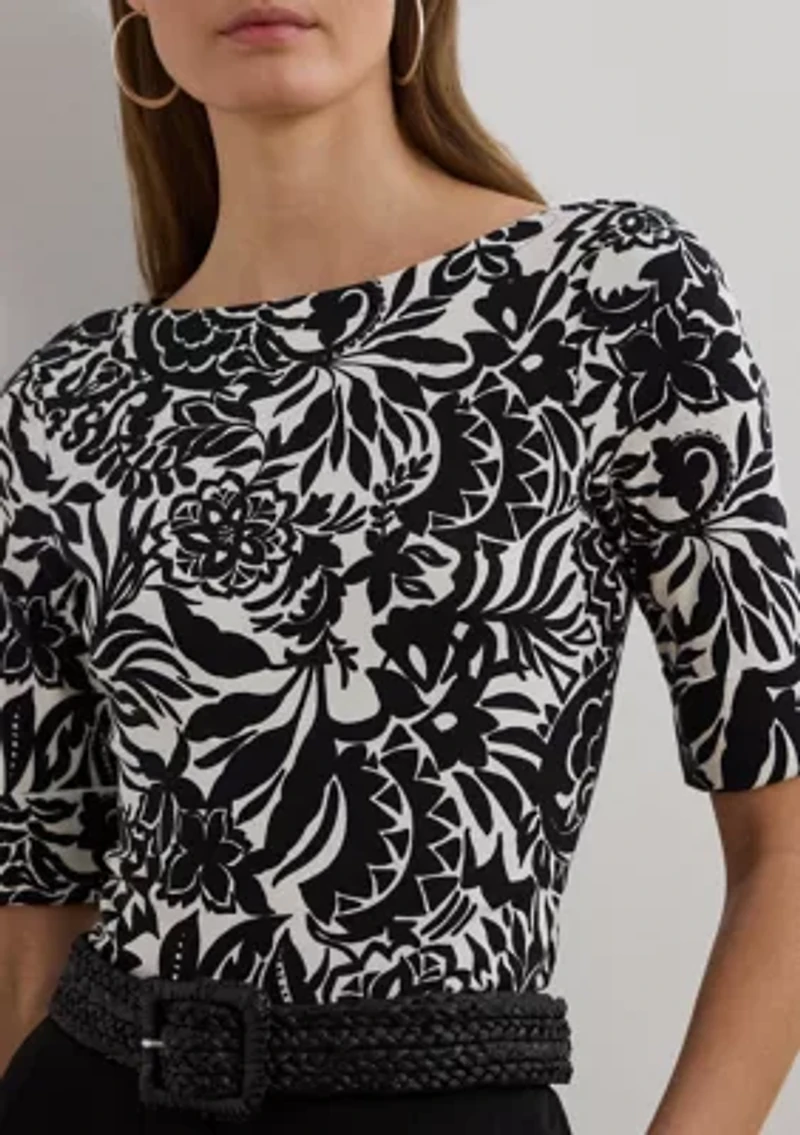 Petite Floral Stretch Cotton Boat Neck T-Shirt