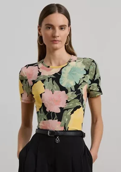 Petite Floral Stretch Cotton Crew Neck T-Shirt
