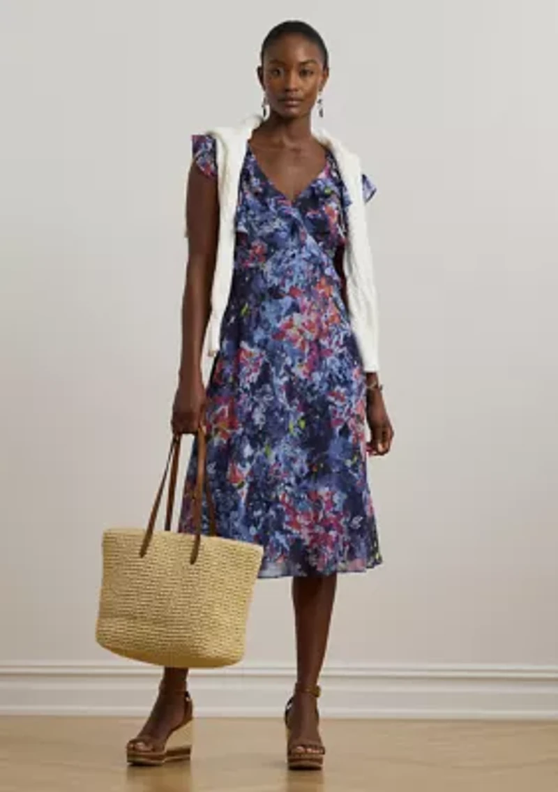 Petite Print Ruffle Trim Georgette Midi Dress