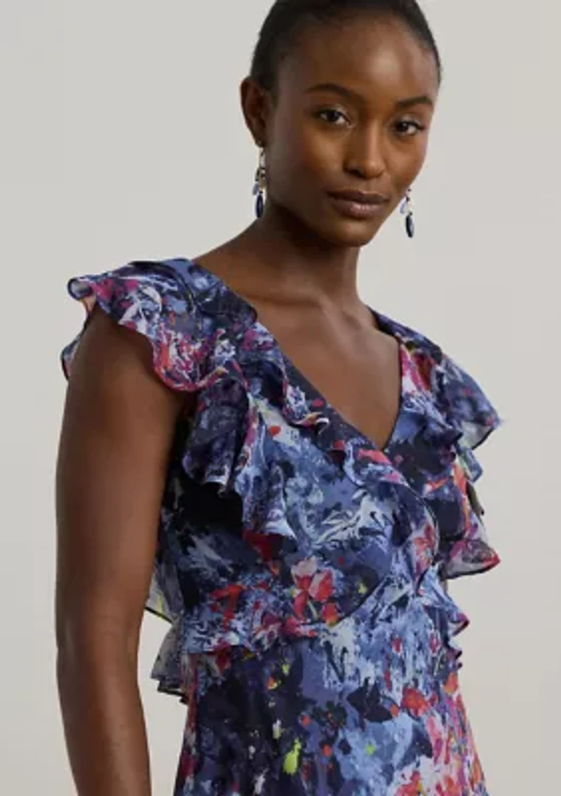 Petite Print Ruffle Trim Georgette Midi Dress