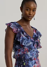 Petite Print Ruffle Trim Georgette Midi Dress