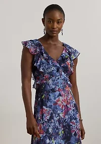 Petite Print Ruffle Trim Georgette Midi Dress