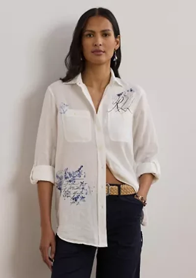 Petite Relaxed Fit Print Roll Tab Sleeve Shirt