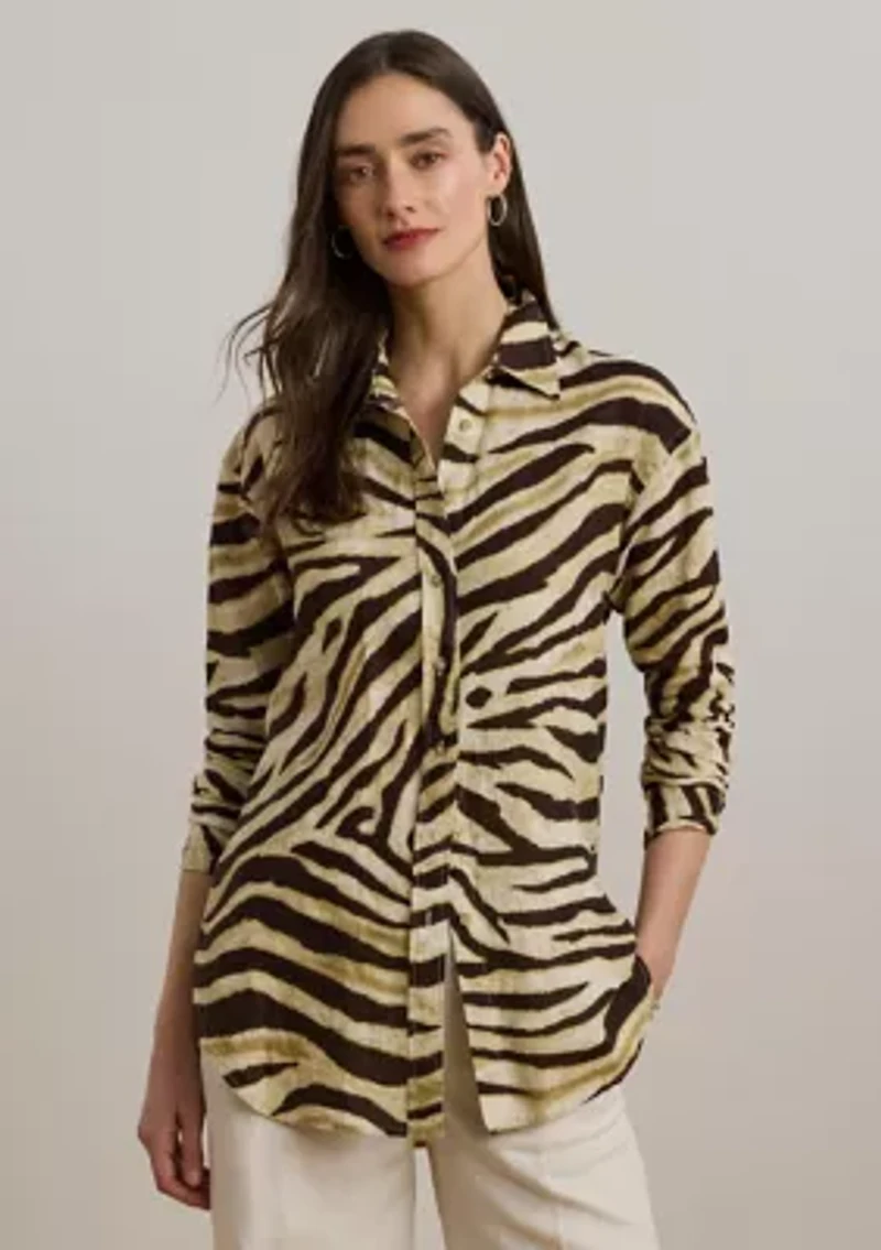 Petite Relaxed Fit Zebra-Print Linen Shirt