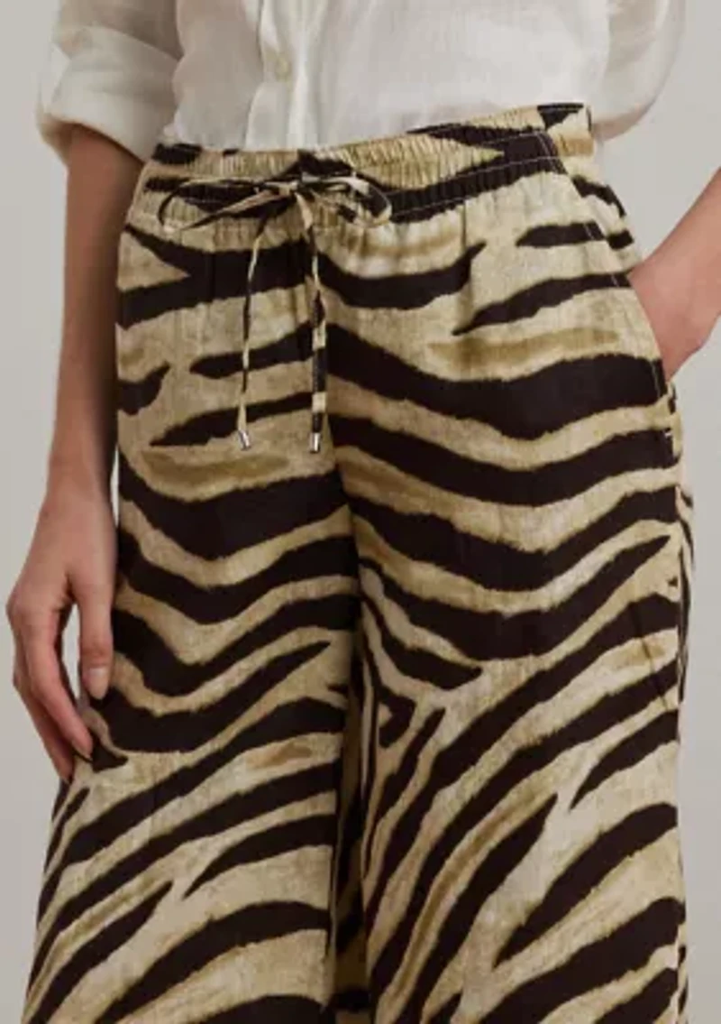 Petite Zebra-Print Linen Wide-Leg Pants