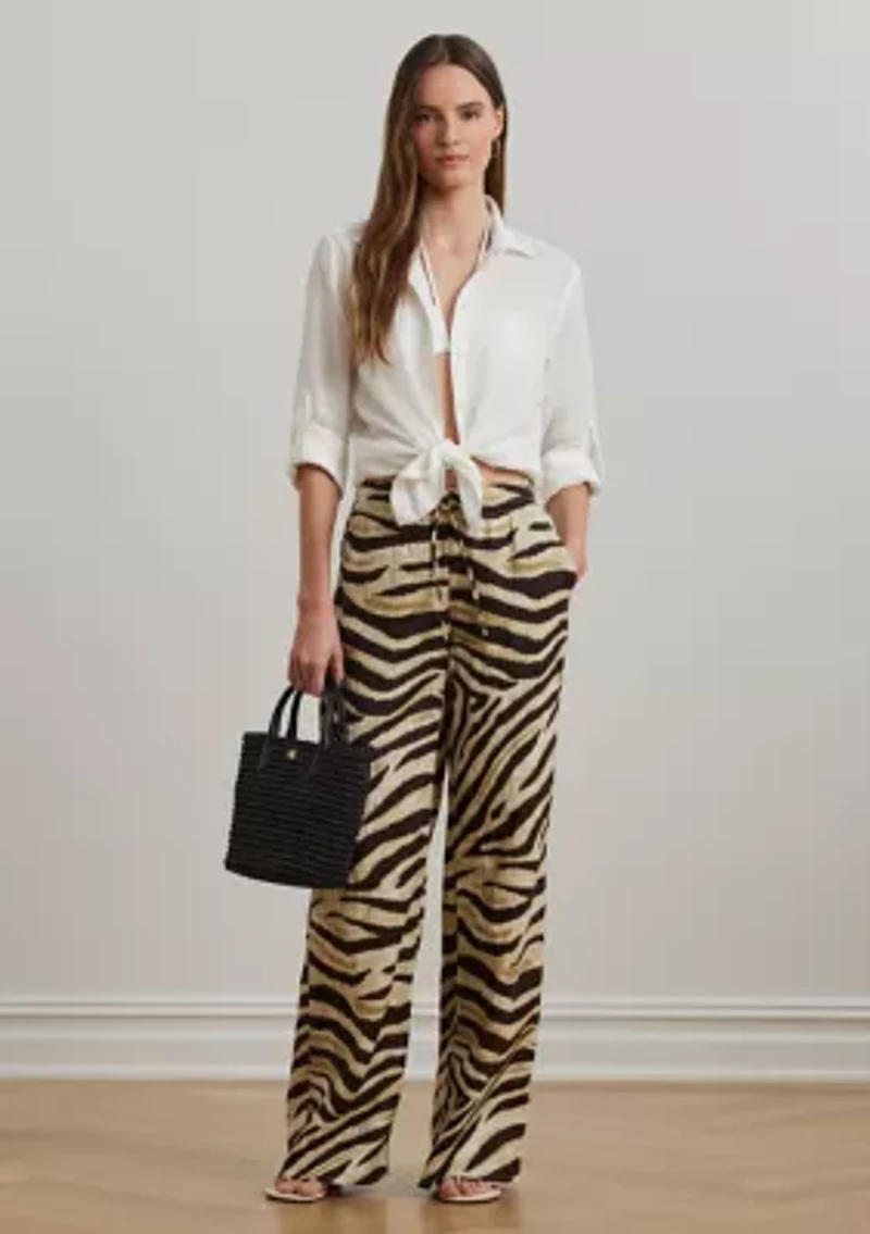 Petite Zebra-Print Linen Wide-Leg Pants