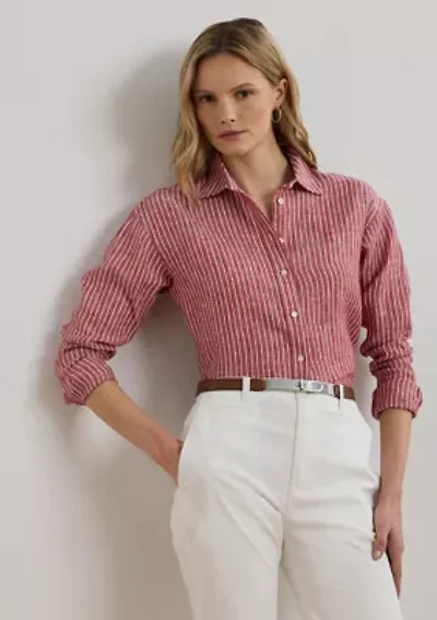 Women's Petite Relaxed Fit Striped Linen Shirt