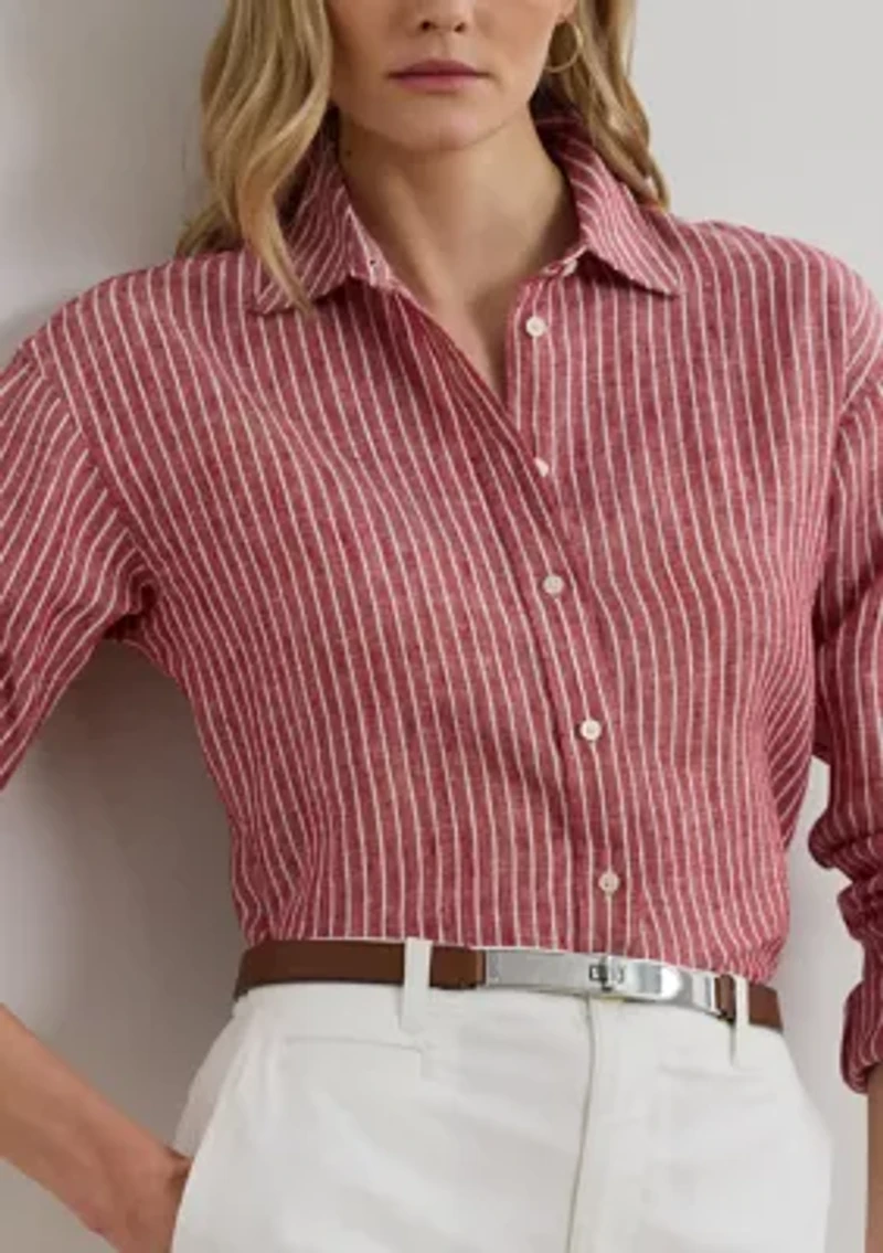 Women's Petite Relaxed Fit Striped Linen Shirt