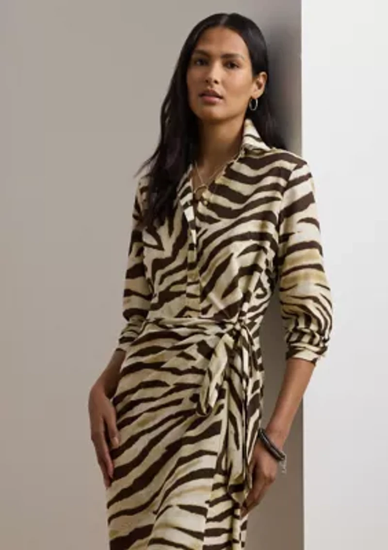 Petite Zebra-Print Tie-Front Crepe Shirtdress