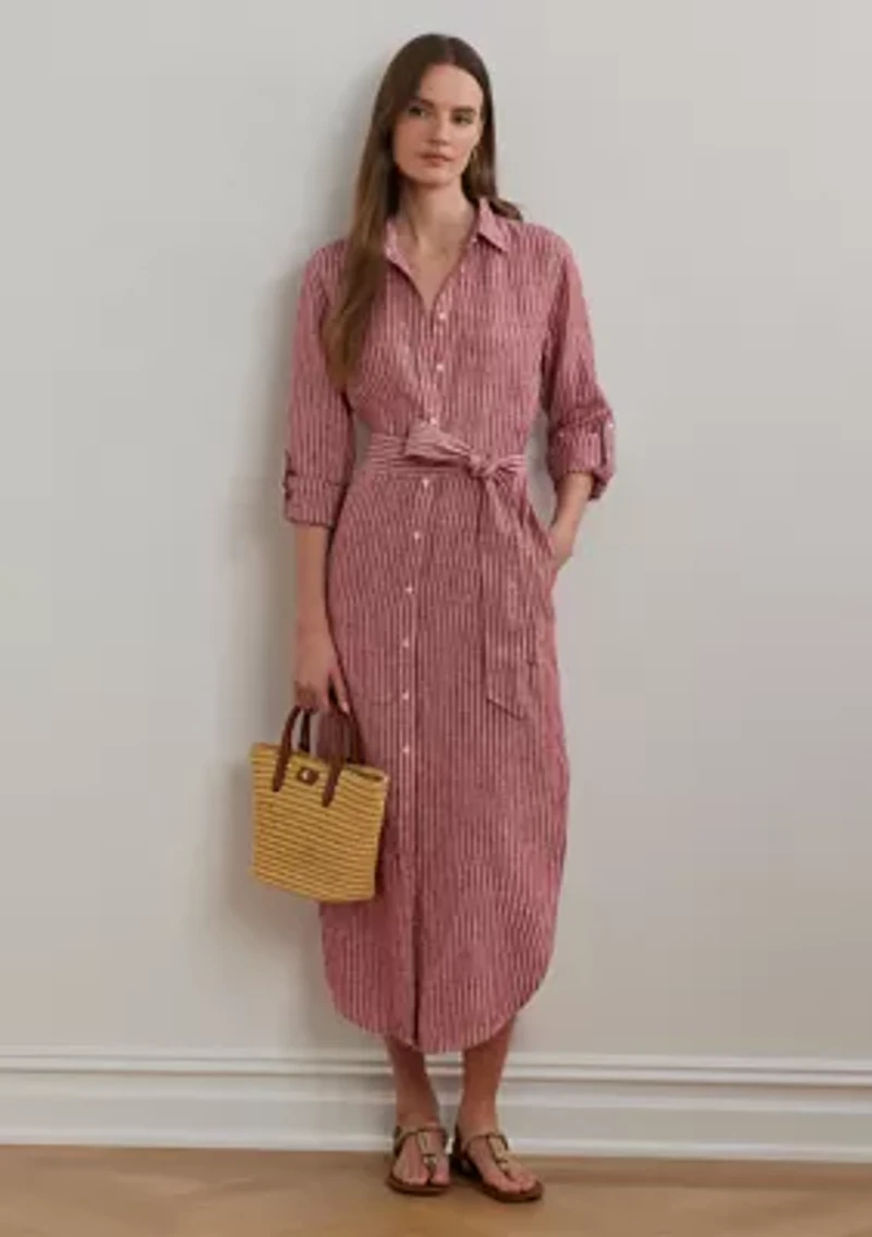 Petite Striped Linen Roll-Tab-Sleeve Shirtdress