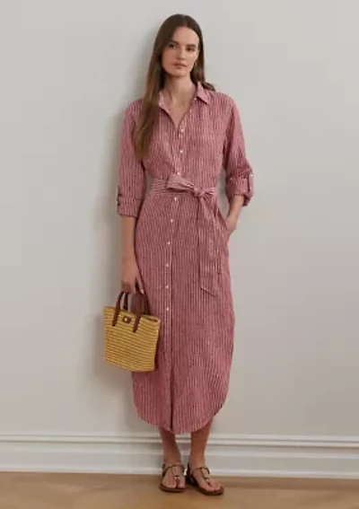 Petite Striped Linen Roll-Tab-Sleeve Shirtdress