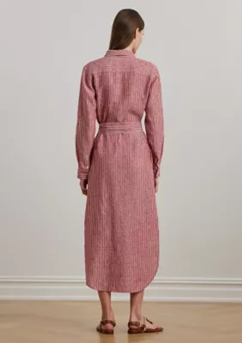 Petite Striped Linen Roll-Tab-Sleeve Shirtdress