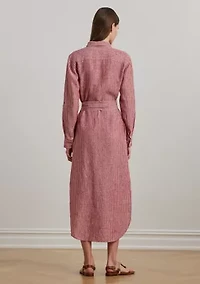 Petite Striped Linen Roll-Tab-Sleeve Shirtdress