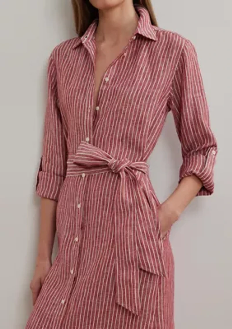 Petite Striped Linen Roll-Tab-Sleeve Shirtdress
