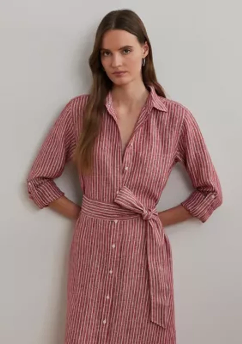 Petite Striped Linen Roll-Tab-Sleeve Shirtdress
