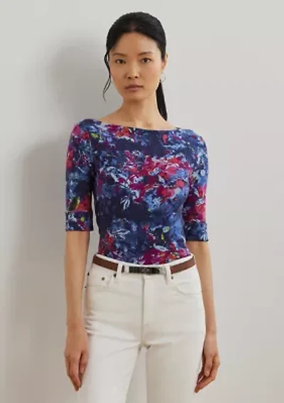 Petite Print Stretch Cotton Boat Neck T-Shirt