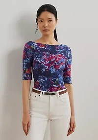 Petite Print Stretch Cotton Boat Neck T-Shirt