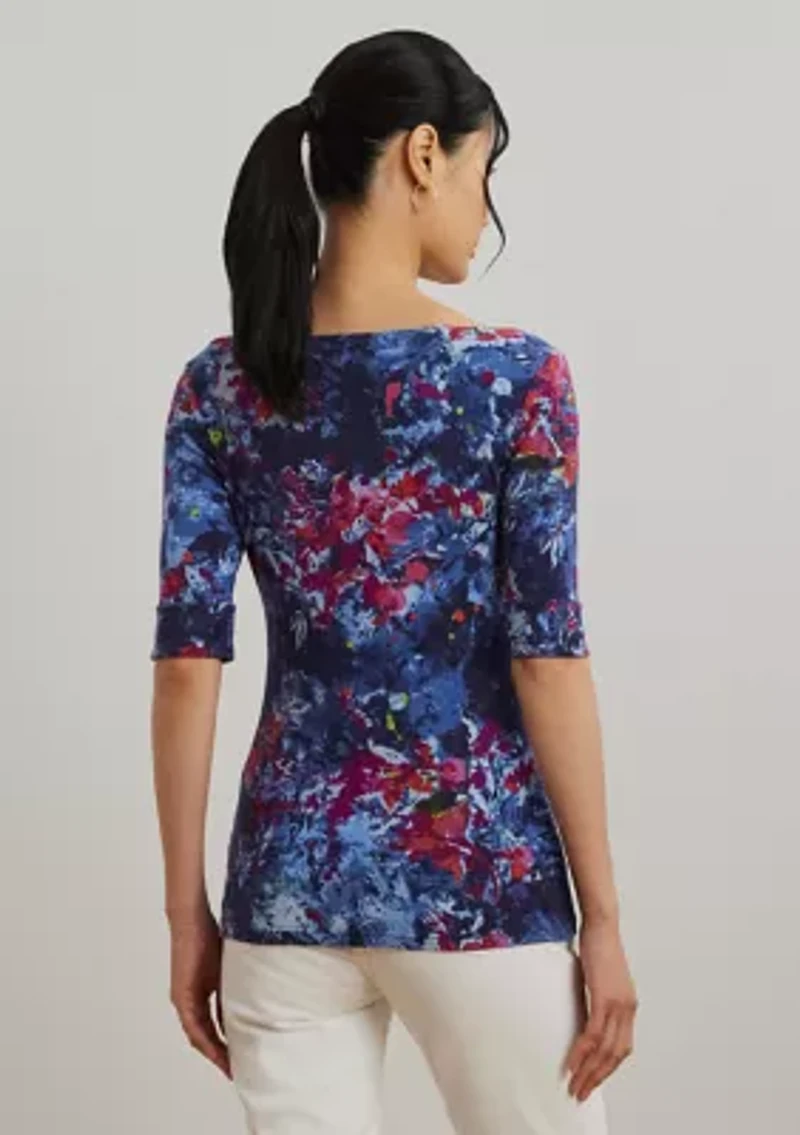 Petite Print Stretch Cotton Boat Neck T-Shirt