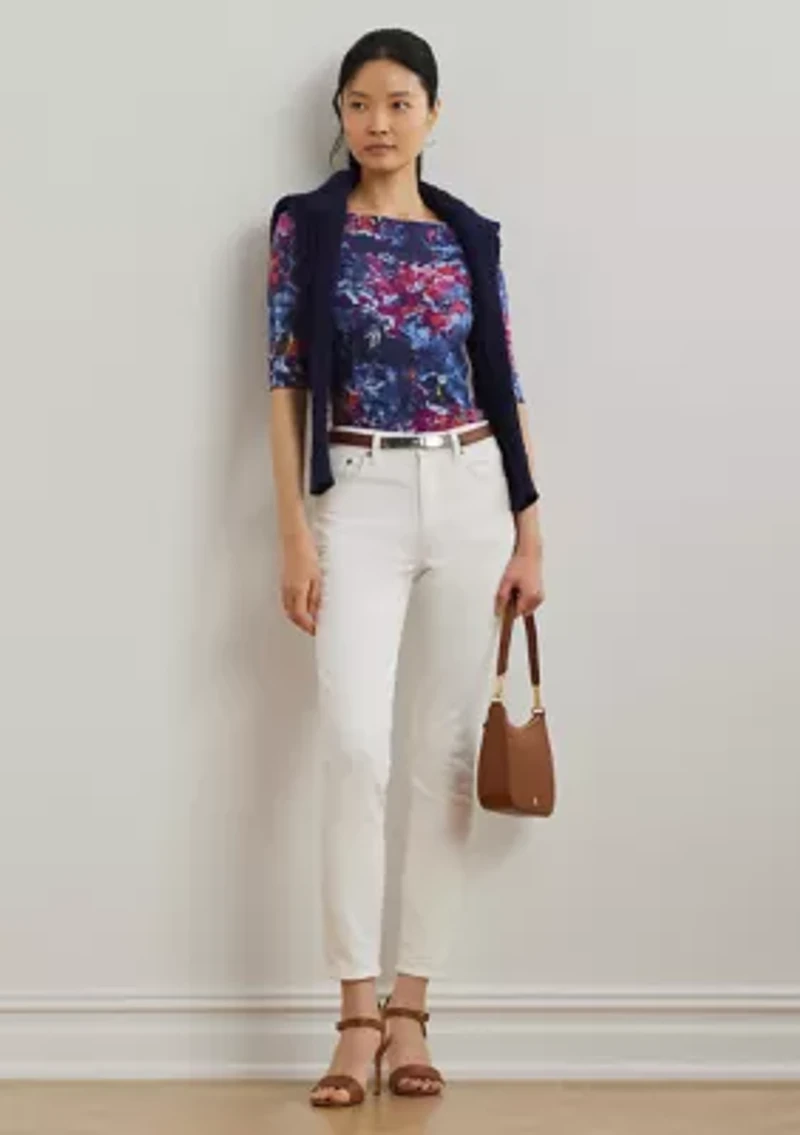 Petite Print Stretch Cotton Boat Neck T-Shirt