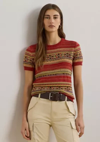 Petite Geo Striped Short Sleeve Sweater