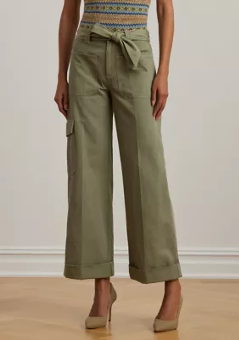 Petite Pleated Cotton Twill Wide Leg Cargo Pants