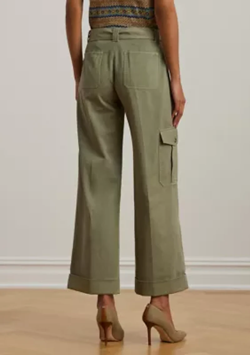 Petite Pleated Cotton Twill Wide Leg Cargo Pants