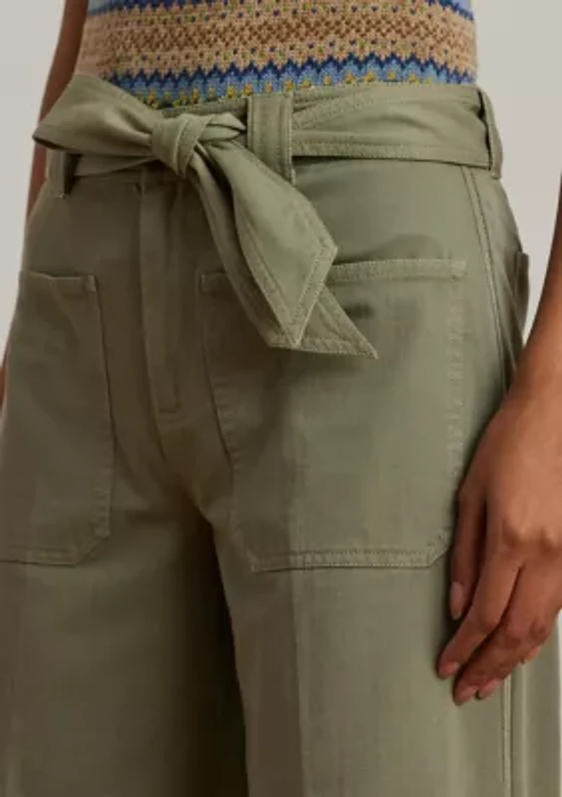 Petite Pleated Cotton Twill Wide Leg Cargo Pants