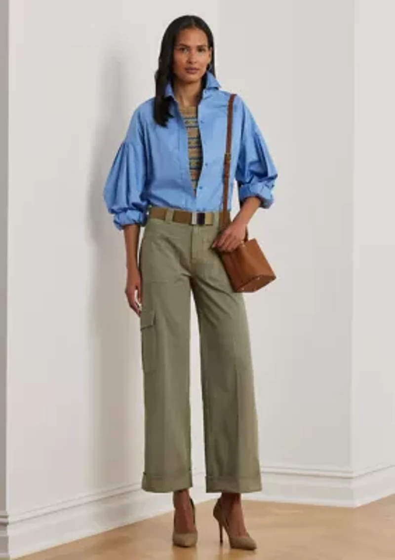 Petite Pleated Cotton Twill Wide Leg Cargo Pants