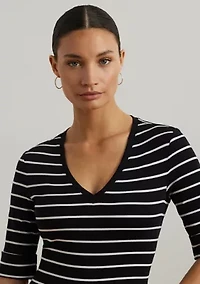 Petite Striped Cotton Elbow Sleeve V-Neck T-Shirt