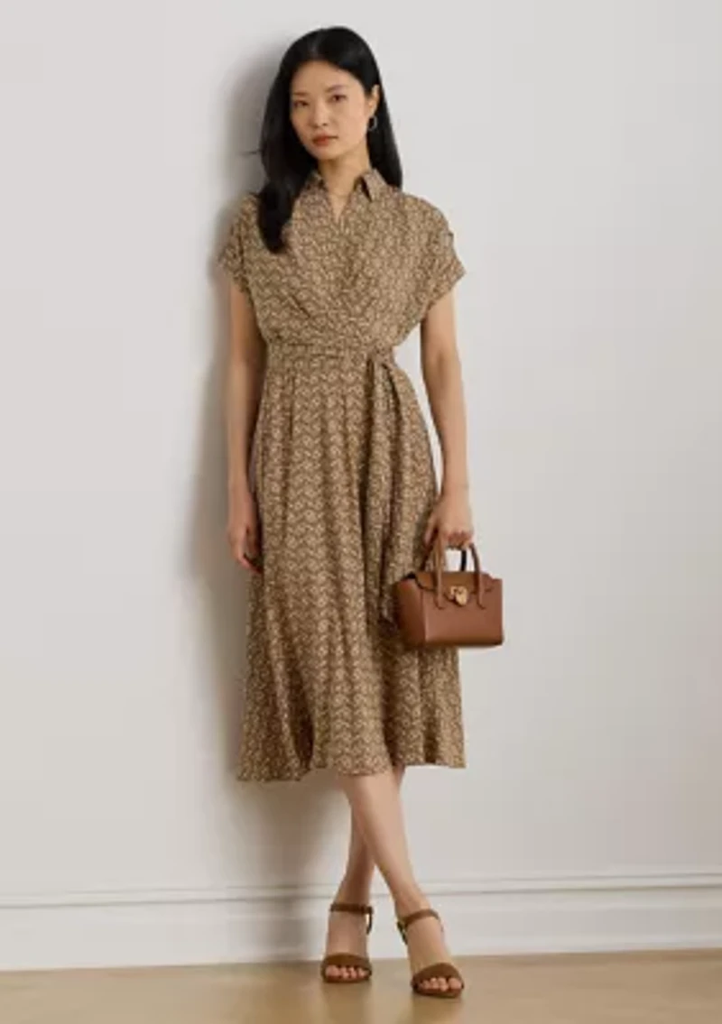 Petite Geo-Print Belted Crepe Dress