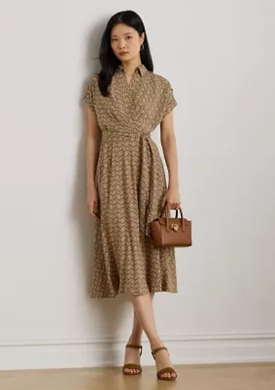 Petite Geo-Print Belted Crepe Dress