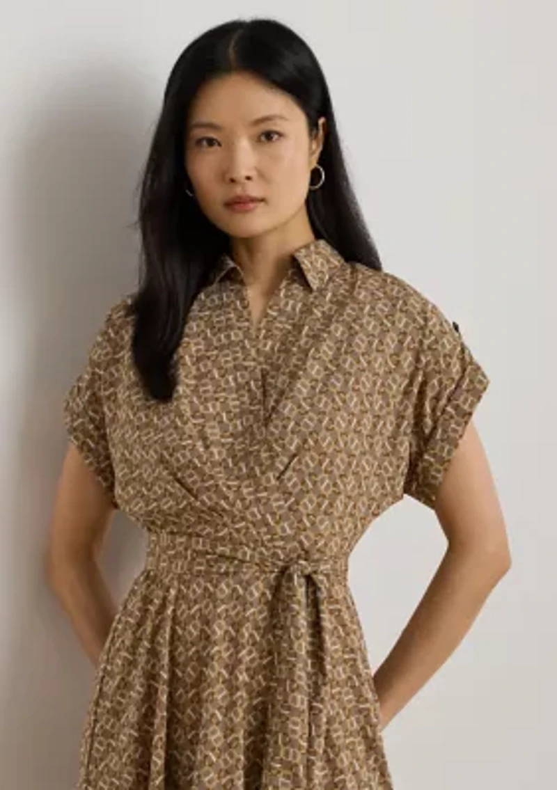 Petite Geo-Print Belted Crepe Dress