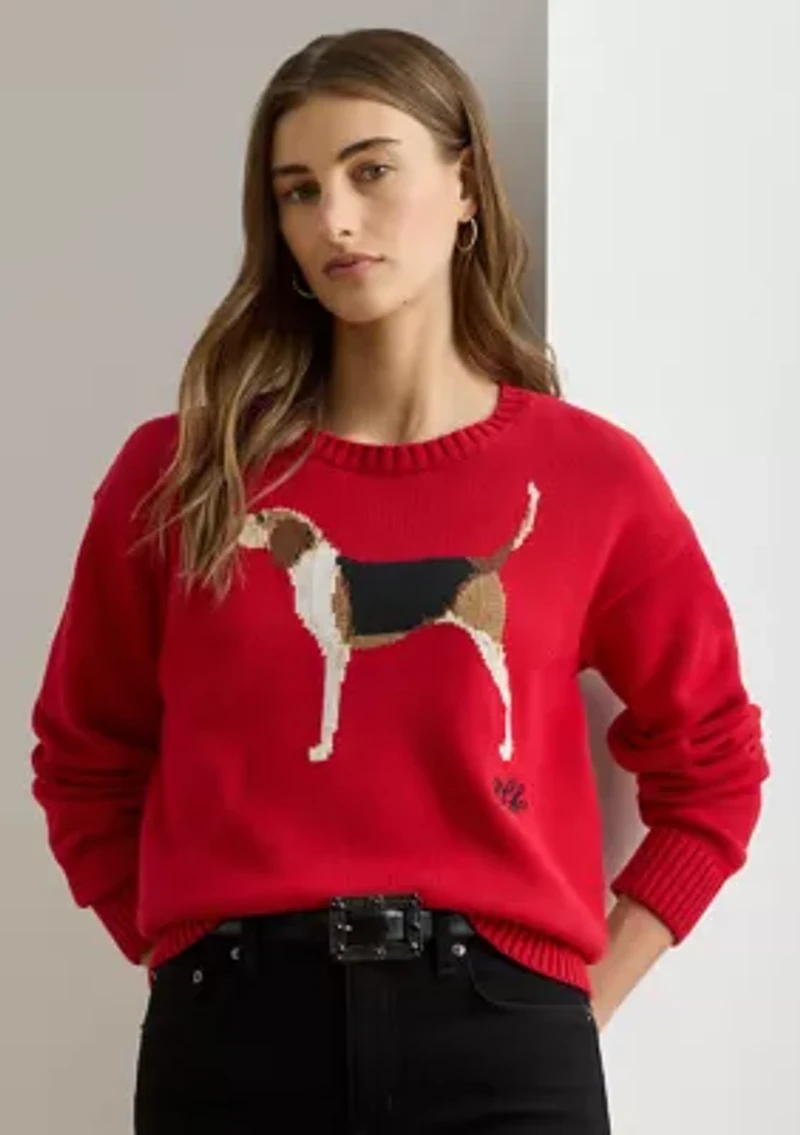Petite Intarsia-Knit Foxhound Cotton Sweater